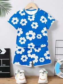 2pcs/Set Young Boys' Casual Creative Floral Print Short Sleeve T-Shirt And Shorts, Comfortable Daily Wear, Suitable For Spring, Summer - Multicolor - View 6
