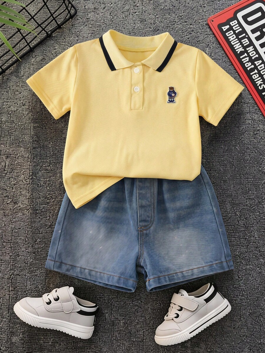SHEIN 2件組男嬰學院風休閒黃色POLO上衣與藍色牛仔短褲套裝,適合夏季生日派對、電音節、晚宴、表演、婚禮、滿月、洗禮及週歲慶祝,POLO套裝、正式套裝、夏季套裝、男嬰套裝、度假套裝 - 彩色 - 查看 1