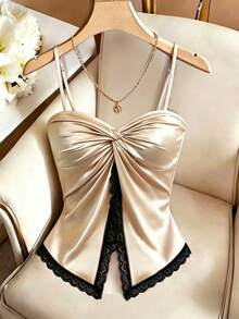 GlowEve 女士杏色荷叶边修身吊带背心，香槟色，性感细肩带休闲派对夏季背心 - 杏色 - 查看 1