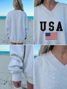 SHEIN EZwear 美国国旗印花超大V领宽松休闲女式卫衣，适合日常通勤、约会、派对、秋冬夏、圣诞节、新年、感恩节、婚礼、海滩、毕业典礼、时尚、优雅、休闲、外出、约会、通勤、闪亮、情人节、优雅、度假、休闲、Y2K、外出、毕业典礼等场合。 - 灰色 - 查看 4
