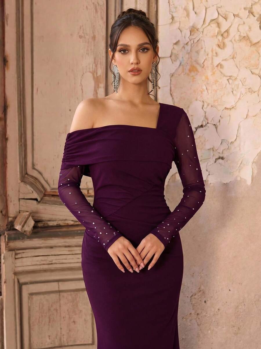 Coutiva 女士时尚斜肩正式晚礼服美人鱼款 - 中紫紅色 - 查看 1