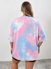 SHEIN CURVE+ 夏季女士扎染印花圆领短袖T恤，大码可选 - 彩色 - 查看 2