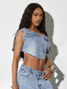 Denimoi Cropped Off Shoulder Denim Top Fashion Streetwear Sexy Crop Spring Summer Concert Night Out Light Blue - Light Wash - View 5