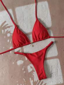 Swim Vcay Springbreak 女款素色掛脖金屬吊墜泳衣，性感丁字褲比基尼套裝 - 紅色 - 查看 2