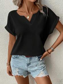 SHEIN Clasi Solid Color Notched Collar Casual Short Sleeve Shirt, Summer - Black - View 7