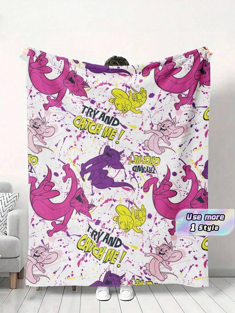 TOM & JERRY X SHEIN Manta de franela con estampado de dibujos animados - Manta de terciopelo coral ultra suave, manta de felpa lujosa para sofá, cama y oficina, regalo cómodo lavable a máquina, adecuado para adultos. - Rosa Pálido - Ver 1