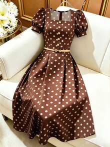 GlowEve Women's Polka Dot Pattern Button Design Short Petal Sleeve Elegant Dress - Multicolor - View 1
