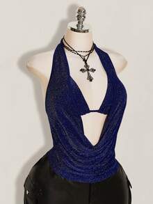 SHEIN ICON Plus Size 2pcs Summer Going Out Beach Hawaii Party Homecoming Concert Club Glitter Backless Women Tank Tops & Camis - Navy Blue - View 9