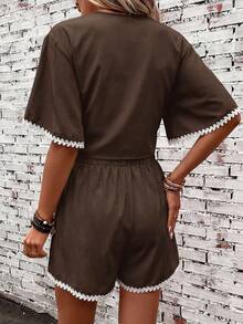 SHEIN Clasi Women's Colorblock Ruffle Trim Elegant Vacation Shorts Set - Coffee Brown - View 2