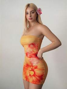 Sweetina Women's Floral Print Fitted Mini Cami Dress, Summer - Orange - View 3