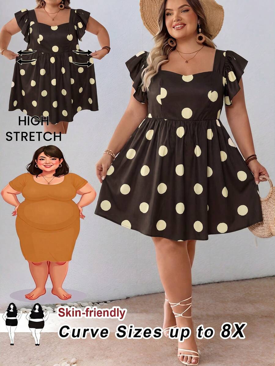 SHEIN CURVE+ Plus Size Women Lemon Fruit Print Sweetheart Neck Puff Sleeve A-Line Mini Dress, Vacation Style For Summer Boho Vacation - Brown - View 1