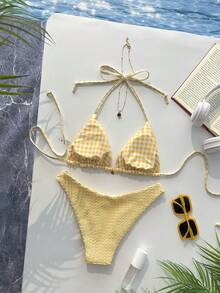 Swim Mod 女士甜美纯色和印花双面比基尼套装，夏季海滩度假黄色比基尼泳装套装，适合冬季、外出、生日、休闲、千禧年、西式风格、夜店、夏季海滩度假等场合 - 彩色 - 查看 2