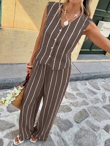 SHEIN Frenchy 女款條紋單排扣上衣與寬腿褲休閒兩件套 - 摩卡棕 - 查看 7