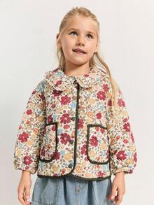 SHEIN Maija Kids 年轻女孩碎花绗缝加厚领长袖夹克，可爱乡村风格 - 棕色 - 查看 1