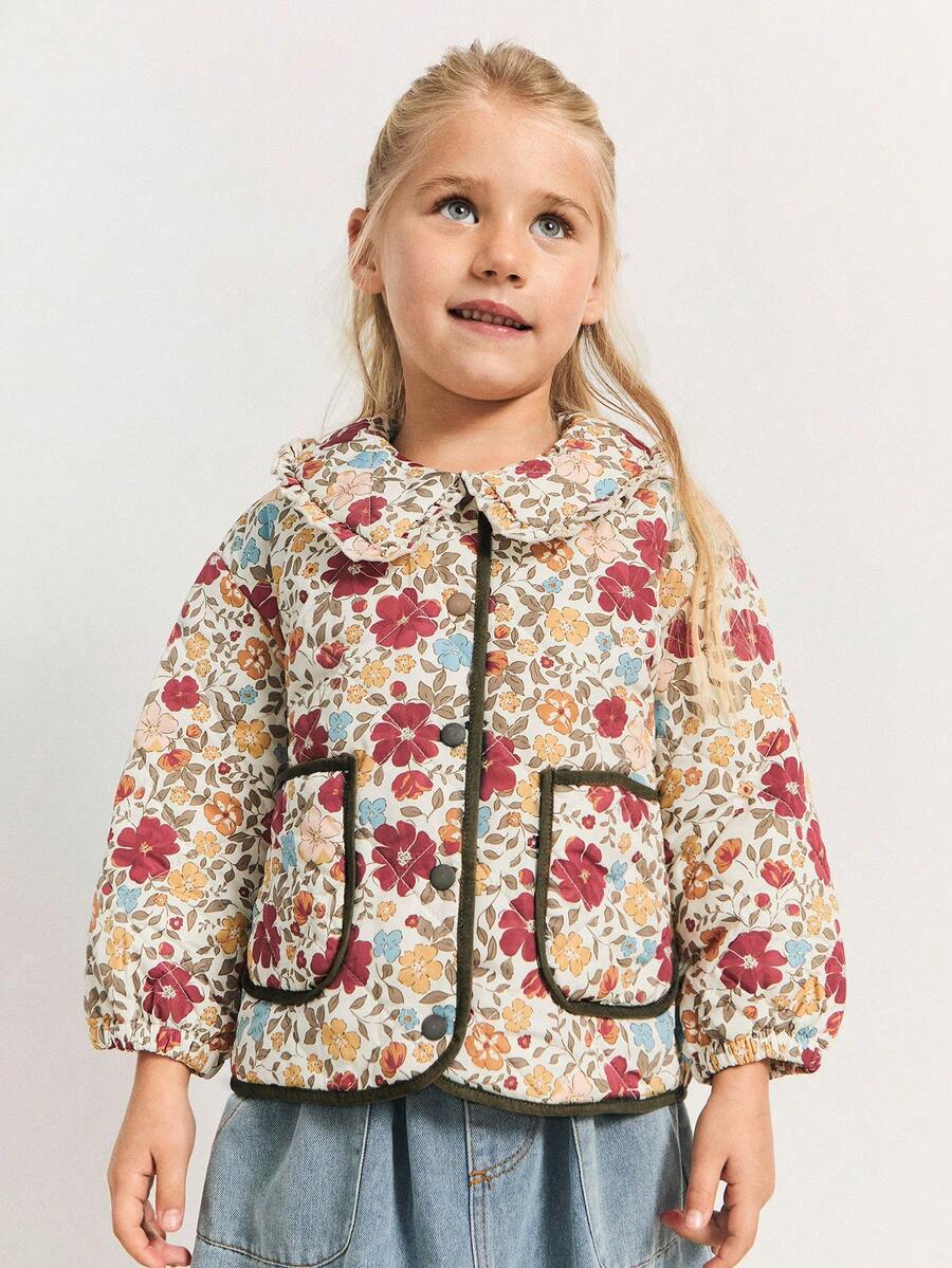 SHEIN Maija Kids 年轻女孩碎花绗缝加厚领长袖夹克,可爱乡村风格 - 棕色 - 查看 1