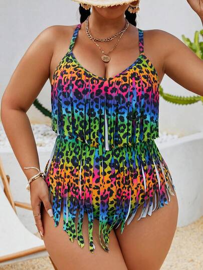 Slaydiva Mono de talla grande con estampado de leopardo de colores, patrón animal, para festival de música y fiesta de vacaciones de verano 2026
