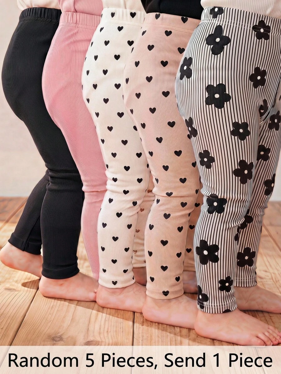 SHEIN 女婴罗纹打底裤,柔软透气,条纹爱心碎花印花,适合幼儿女童,舒适弹力罗纹打底裤,可爱爱心碎花图案,幼儿女童弹力腰罗纹打底裤,多种纯色和印花款式,少女裤,年轻妈妈服装,年轻女性服装 - 黑與白 - 查看 1