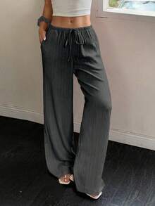 EMERY ROSE Plus Size Women Casual Solid Color Wide Leg Pants, Autumn Loose Fit Long Trousers Fall - Grey - View 7
