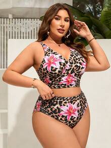 Swim Lushoire Plus Size Women Leopard Print Tankini Swimwear Set, Summer Beach - Multicolor - View 4