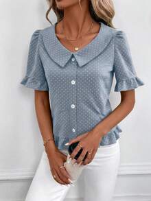 SHEIN Clasi 女士纯色前开襟短袖休闲上衣，日常穿着，外出上衣，夏季女装 - 藍白色 - 查看 6