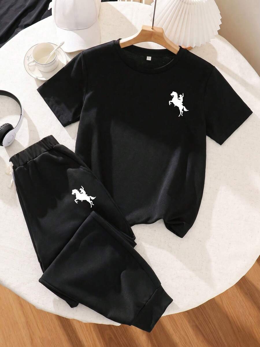 Young Boys' Casual Minimalist Round Neck T-Shirt, Suitable For Summer - Black - View 1