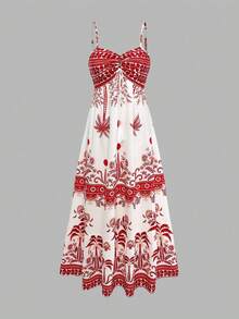 Vestido camisola vintage de estilo francés para mujer, con tirantes finos, diseño estampado, entallado, que estiliza la figura, adecuado para el verano, uso diario, vacaciones y citas. - Rojo - Ver 7