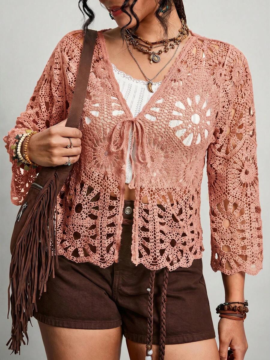 Freevana Cárdigan de punto calado de talla grande, adecuado para vacaciones - Rosa - Ver 1