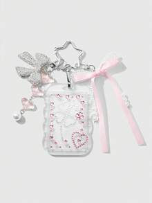 ROMWE Kawaii 1 Ins創意甜美軟萌可愛女孩高質感粉白樹脂愛心手工串珠白色仿珍珠網格波點軟陶水鑽滿鑽閃亮蝴蝶結四葉草DIY鑽飾模型，附送A Love Star水鑽貼紙，壓克力透明蕾絲滑蓋卡套校園卡交通卡星卡卡夾鑰匙圈配件包掛飾，適合上班族、學生、派對愛好者、日常配戴、節日禮物 - 粉白色-164 - 查看 13