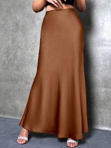 SHEIN Tall 女士纯色美人鱼半身裙，缎面半身裙，优雅长裙，适合派对、日常穿着，黑色半身裙 - 棕色 - 查看 6