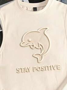 Manfinity Joysei 男士無袖背心，3D海豚設計，STAY POSITIVE口號，米色，夏季，休閒，街頭風，城市度假，療癒力量，度假，送給朋友的禮物，節日 - 卡其色 - 查看 3