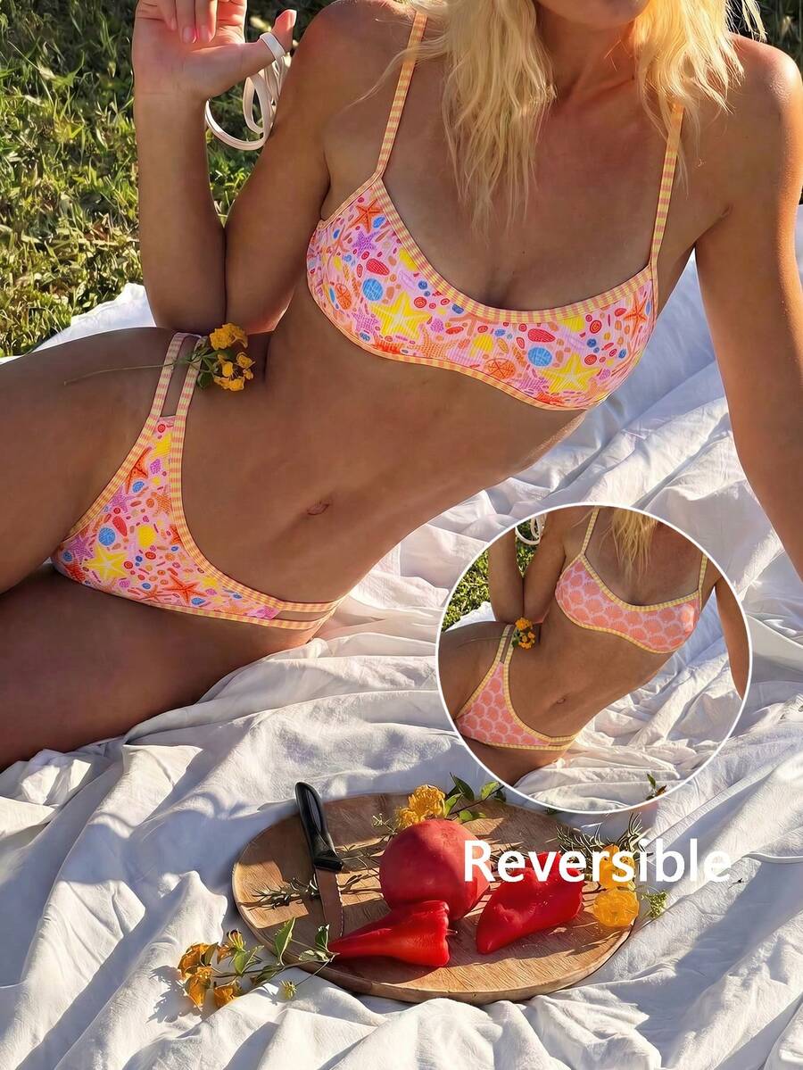 Swim Mod Women's Pink Summer Cute Bikini Set,Beach Vacation Holiday Holiday,Reversible Printed Ocean Star Shell,Adjustable Backless 2-Piece Swimwear - Multicolor - View 1