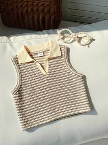 SHEIN 青少年女孩可愛條紋針織無袖 Polo 衫，適合夏季多用途穿搭 - 彩色 - 查看 6