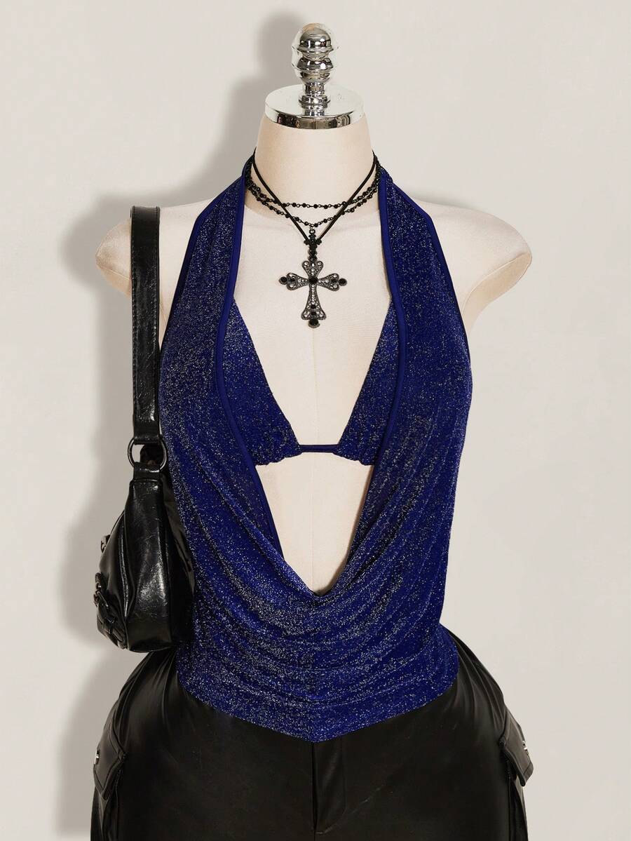 SHEIN ICON Plus Size 2pcs Summer Going Out Beach Hawaii Party Homecoming Concert Club Glitter Backless Women Tank Tops & Camis - Navy Blue - View 1
