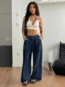 SHEIN PETITE CURVE Plus Size Women Solid Color Drawstring Waist Wide Leg Loose Casual Pants Fall - Navy Blue - View 6
