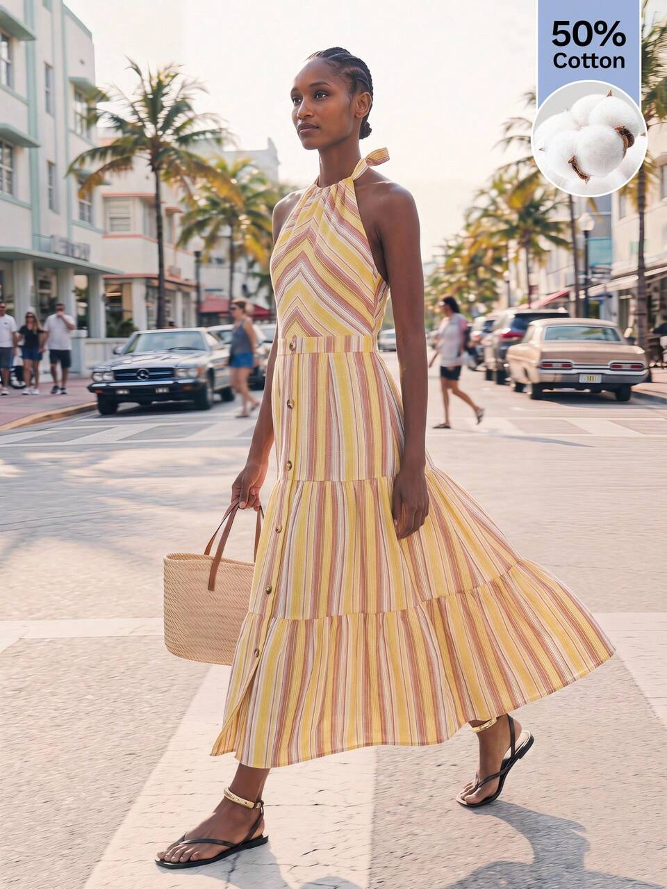SHEIN Maija Yellow Stripe Backless Waist Cinched A-Line Midi Dress, Casual Boho Tropical Not For Holiday  Summer Vacation Independence Day Autumn Outfit