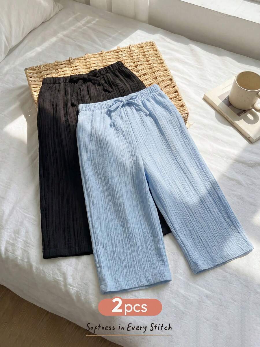 Cozy Pixies 2pcs Baby Girl/Boy Crinkle Texture Loose Wide Leg Pants, Straight Leg Trousers, Versatile Casual Pants, Multiple Pieces, Vacation Style - Baby Blue - View 1