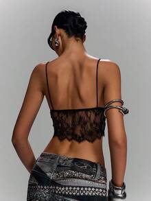 LYSMO Women's Solid Color Spaghetti Strap Lace Sexy Fitted Cropped Camisole - Black - View 2