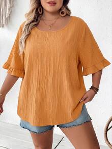 SHEIN CURVE+ 大码女式卡其色荷叶边短袖衬衫，宽松休闲下摆，适合日常及度假穿着，夏季，曲线身材，Hoho Vacationsummer/乡村/海滩度假装/海滩装/沙滩服饰 - 橘色 - 查看 3