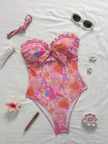 Swim Mod Traje de baño de una pieza con cuello halter y volantes con estampado floral para niña - Multicolor - Ver 6