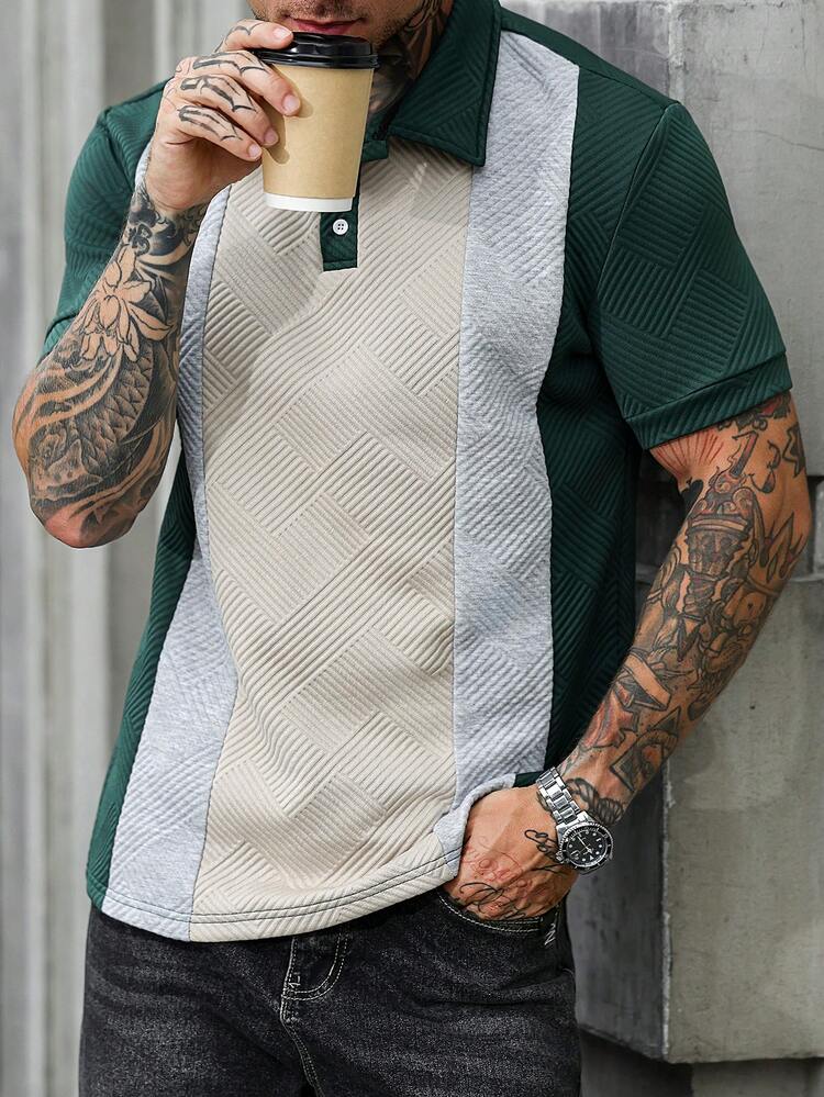 Manfinity CasualCool Áo polo nam tay ngắn dệt kim jacquard phối màu bất đối xứng họa tiết hoa, thích hợp mặc hàng ngày, quà tặng cho chồng/bạn trai. - Nhiều màu - Xem 3