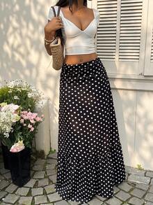 Sunnyshic Women's White And Black Polka Dot Waist Ruched Hem Ruffle Hem A-Line Skirt, Retro European And American Style, Autumn, Dating Beach Sexy - Black - View 7