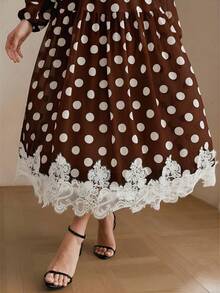 Anewsta Đầm dài tay thanh lịch, chất liệu chiffon chấm bi ren thắt eo dành cho nữ, kiểu dáng sang trọng. - Cà phê - Xem 6