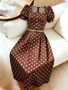 GlowEve Women's Polka Dot Pattern Button Design Short Petal Sleeve Elegant Dress - Multicolor - View 7