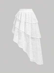 SHEIN MOD Falda de pastel de encaje blanco asimétrico y de múltiples capas - Blanco - Ver 3