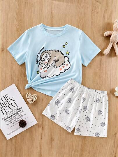 Tween Kızlar İçin Karikatür Tembel Hayvan ve Harf Baskılı Kısa Kollu Tişört ve Şortlu Pijama Seti, Yazlık