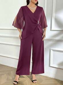 Reflora Conjunto de 2 piezas de top y pantalones elegantes con decoración de diamante de imitación para tallas grandes - Rojo violeta - Ver 4