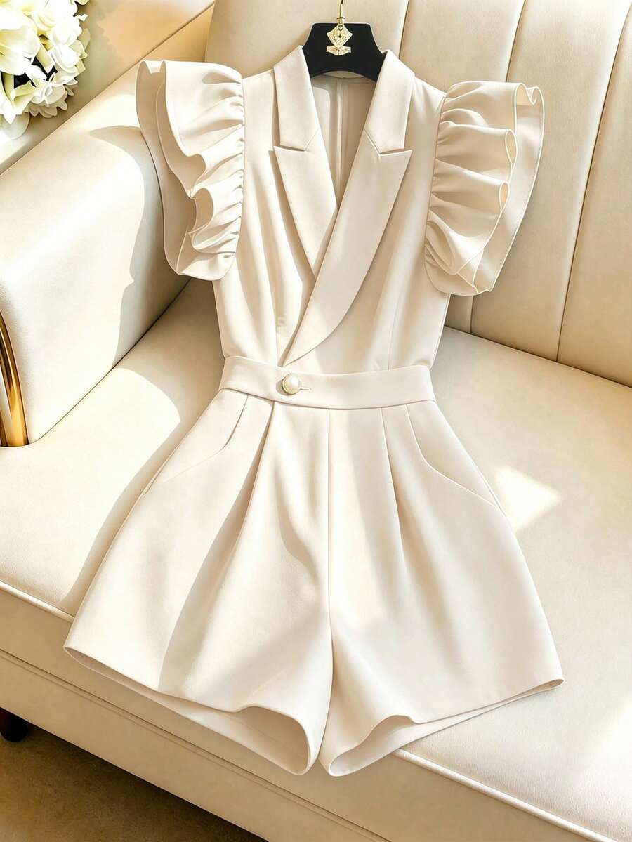 GlowEve Elegant Commuting Stylish Chic Cap Sleeve Collared Jumpsuit For Women, Spring/Summer - Apricot - View 1