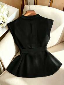 Qadelle Women's Sleeveless Solid Color Shirt With Belt, Minimalist And Fashionable, Suitable For Summer - Black - View 2