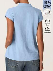 SHEIN BASICS Women's Solid Color V-Neck Cap Sleeve Casual Shirt - Black - View 4
