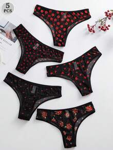 SHEIN 5件套浪漫爱心花卉网纱性感舒适百搭女士内裤 - 彩色 - 查看 1